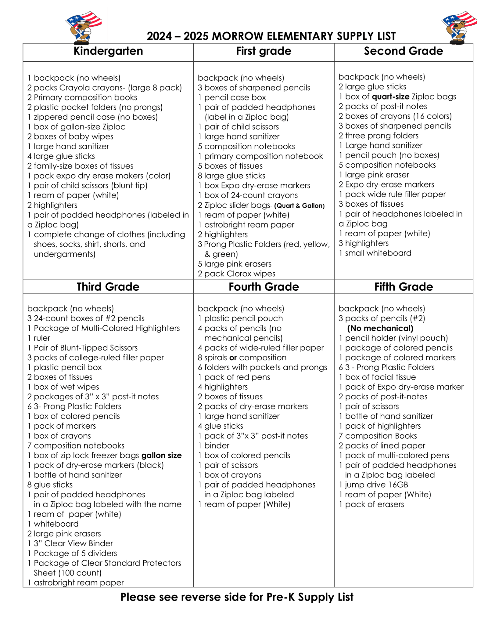  2024 - 2025 Morrow Supply List
